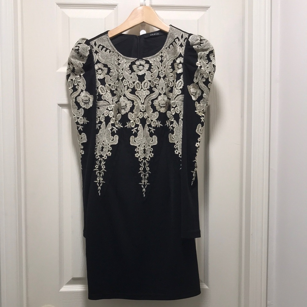 Ark & Co Black Long Sleeve Dress with Gold Embroidery